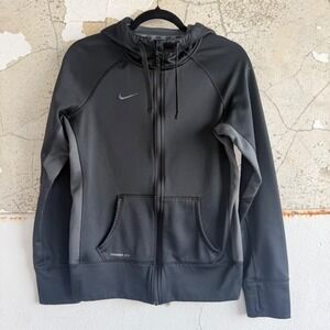 Nike Therma Fit Jacket Full Zip Hoodie Black Grey Thumbholes Womens S Athleisure